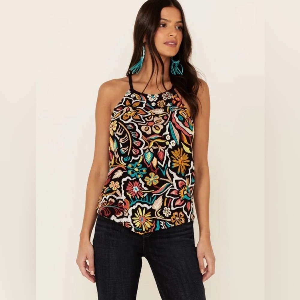 Idyllwind by Miranda Lambert Black Floral Embroidered Halter Cami
